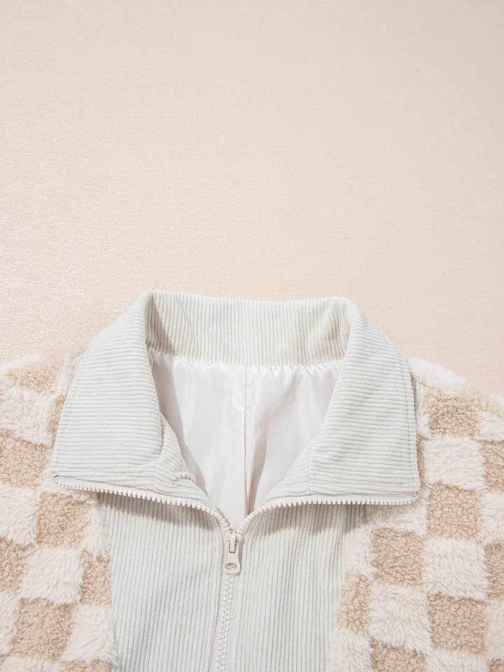 Khaki Checker Sherpa Corduroy Patchwork Zip up Collared Jacket for wholesale on Faire6