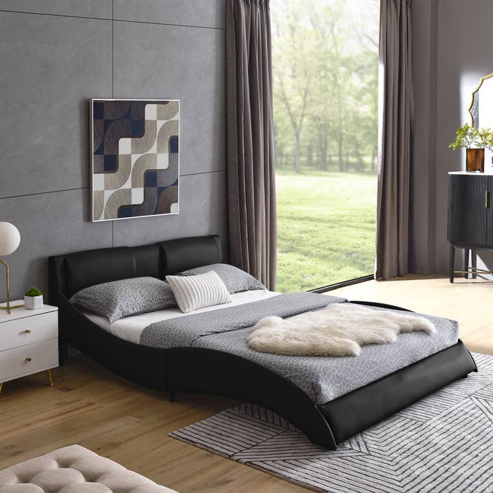 Black Modern Faux Leather Queen Bed Frame with Wave-Like Headboard for wholesale on Faire