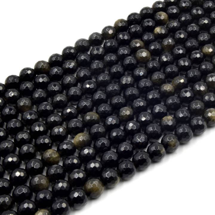 Only Beads - Wholesale Beads - Faceted Golden Obsidian Bead | Gold Sheen Black Round Faceted Finish Gemstone Beads | 4mm 6mm 8mm 10mm 12mm Available2