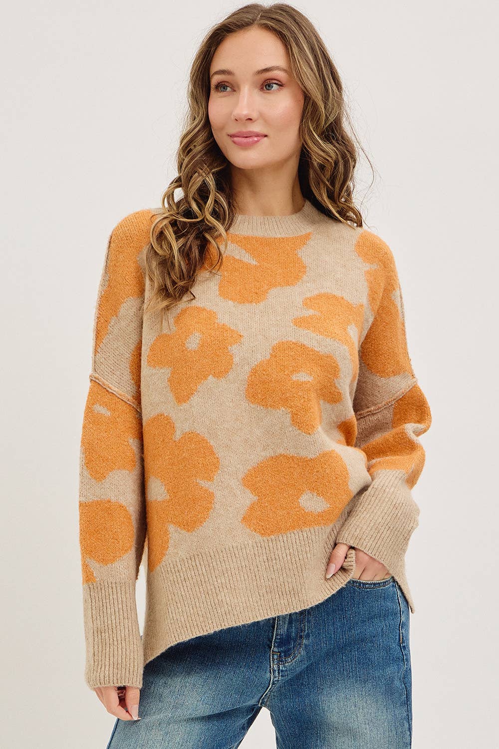 Sweet Lovely by Jen - Wholesale Knit Sweater - Women's - FLORAL LOOSE FIT SWEATER KNIT