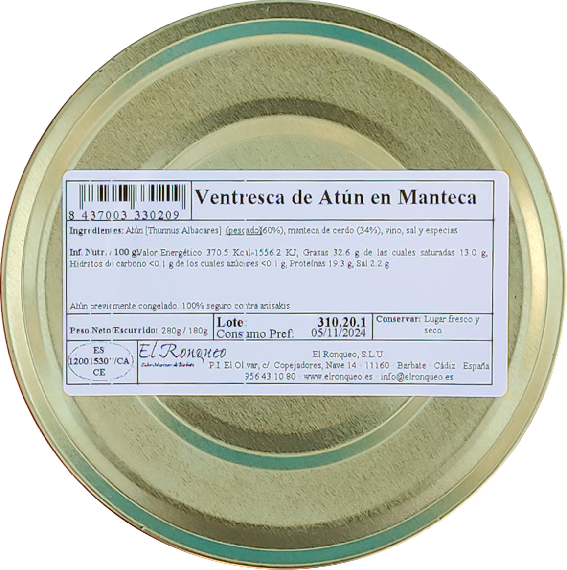 El Ronqueo - Wholesale Tinned Fish - Can of Tuna Belly in Butter of 280 grams3