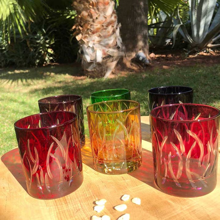 Scents and Feel - Wholesale Drinking Glass/Cup - Set of 6 Drinking Glasses carved leaves