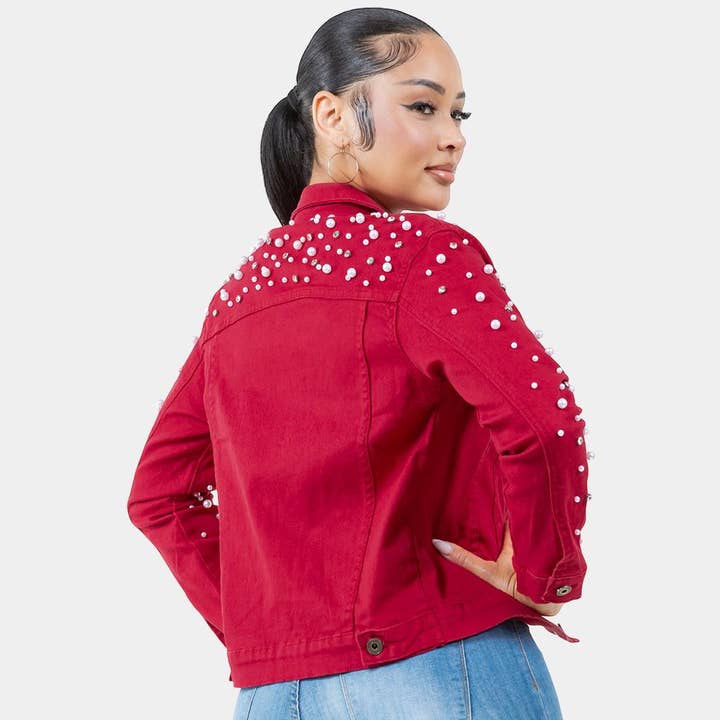 Diacly - Vente Veste en jean – femme - Veste en jean rouge avec perles éclatantes et strass déco