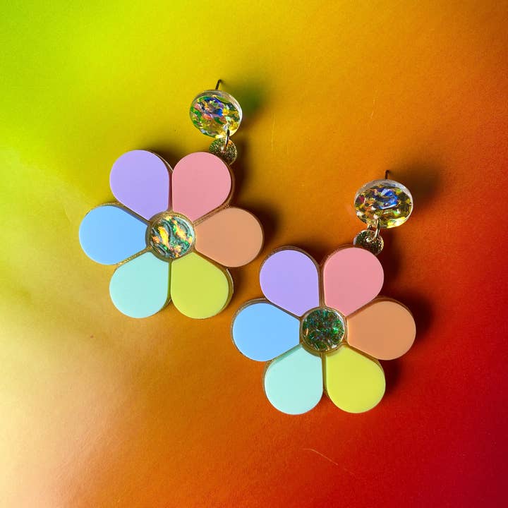 Pastel Rainbow Pride Statement Flower Earrings for wholesale by Sunshine Studio