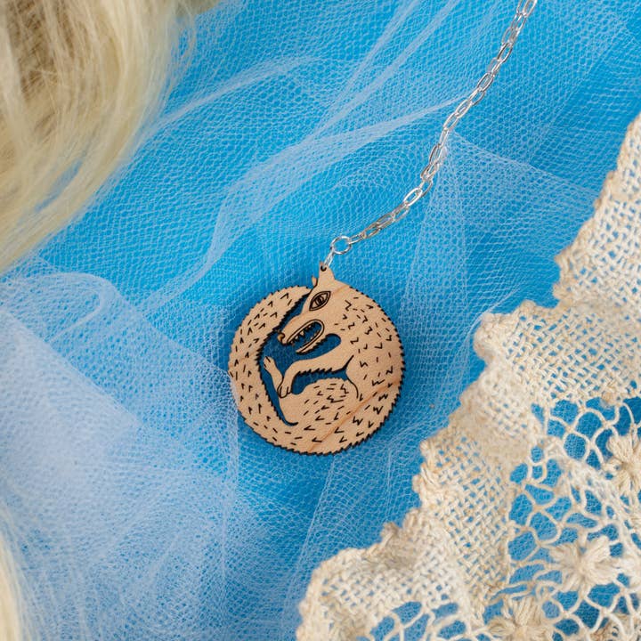 Wood Wolf Pendant Necklace for wholesale by Darling Marcelle