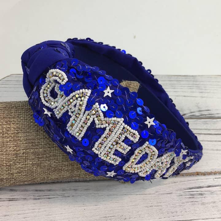 Blue and white sequin GAMEDAY headband for wholesale by SongLily
