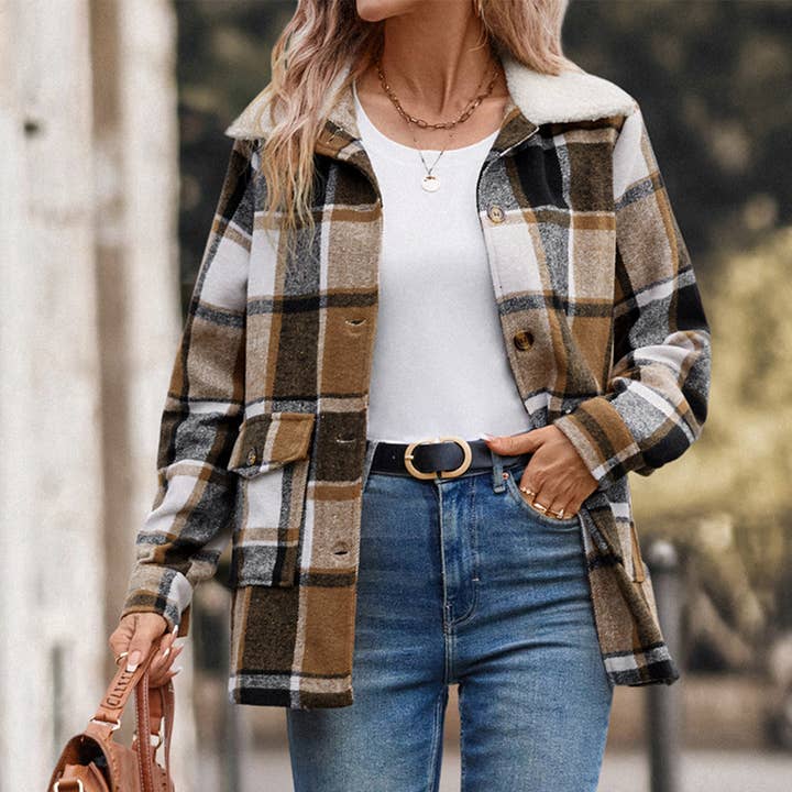 MANTEAU À BOUTONNAGE SIMPLE À CARREAUX ET REVERS BROSSÉS pour la vente par Lily Clothing