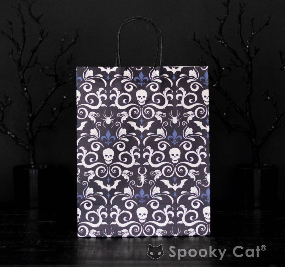 Spooky Cat Press - Wholesale Gift Bag - Gothic Skull Damask Paper Gift Bag1