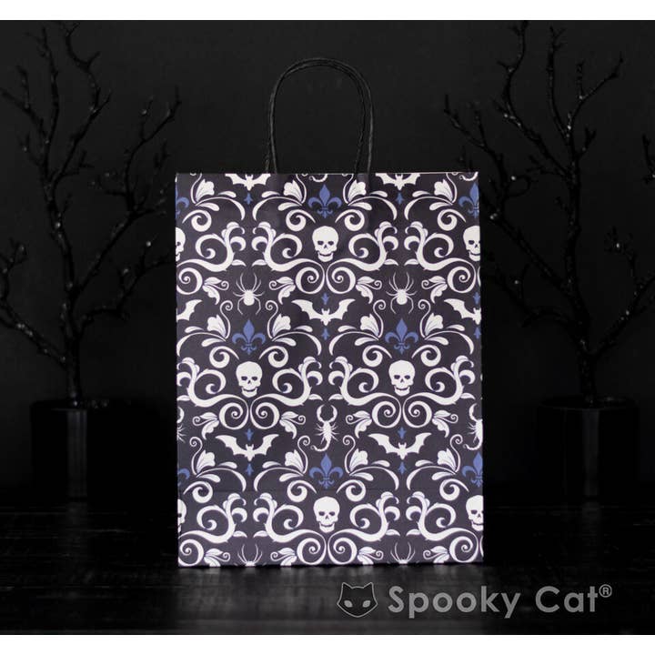 Spooky Cat Press - Wholesale Gift Bag - Gothic Skull Damask Paper Gift Bag1