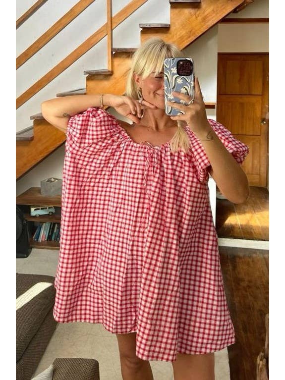 Rosa Clothing - Wholesale Dress - Women's - Rose Bloom Floral Red Gingham puff sleeve babydoll dress