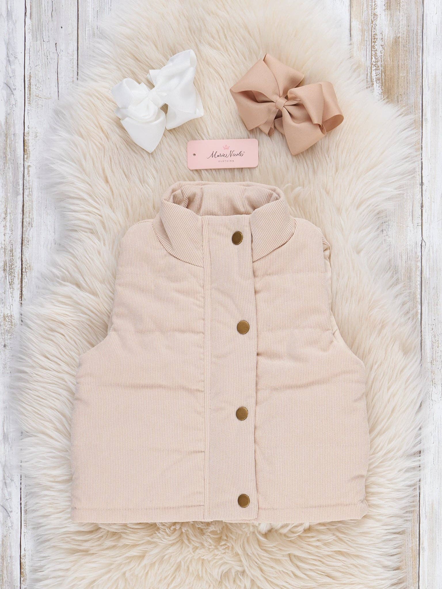 Marie Nicole Clothing - Wholesale Outerwear Vest - Kids - Corduroy Puffer Vest - Beige0