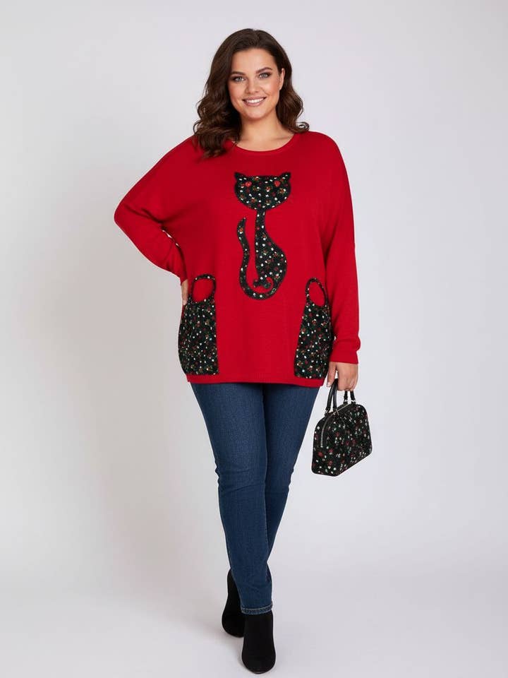 Großer roter Pullover mit Katzenmotiv (A631) für den Großhandel von Pomme Rouge Paris