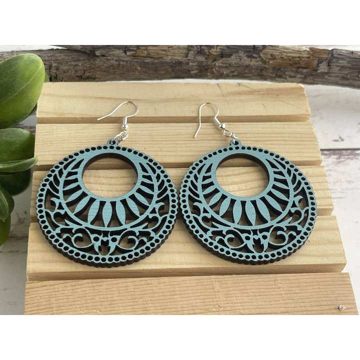 Truly Olive - Wholesale Dangle Earrings - Lightweight Circle Wood Mandala Earrings