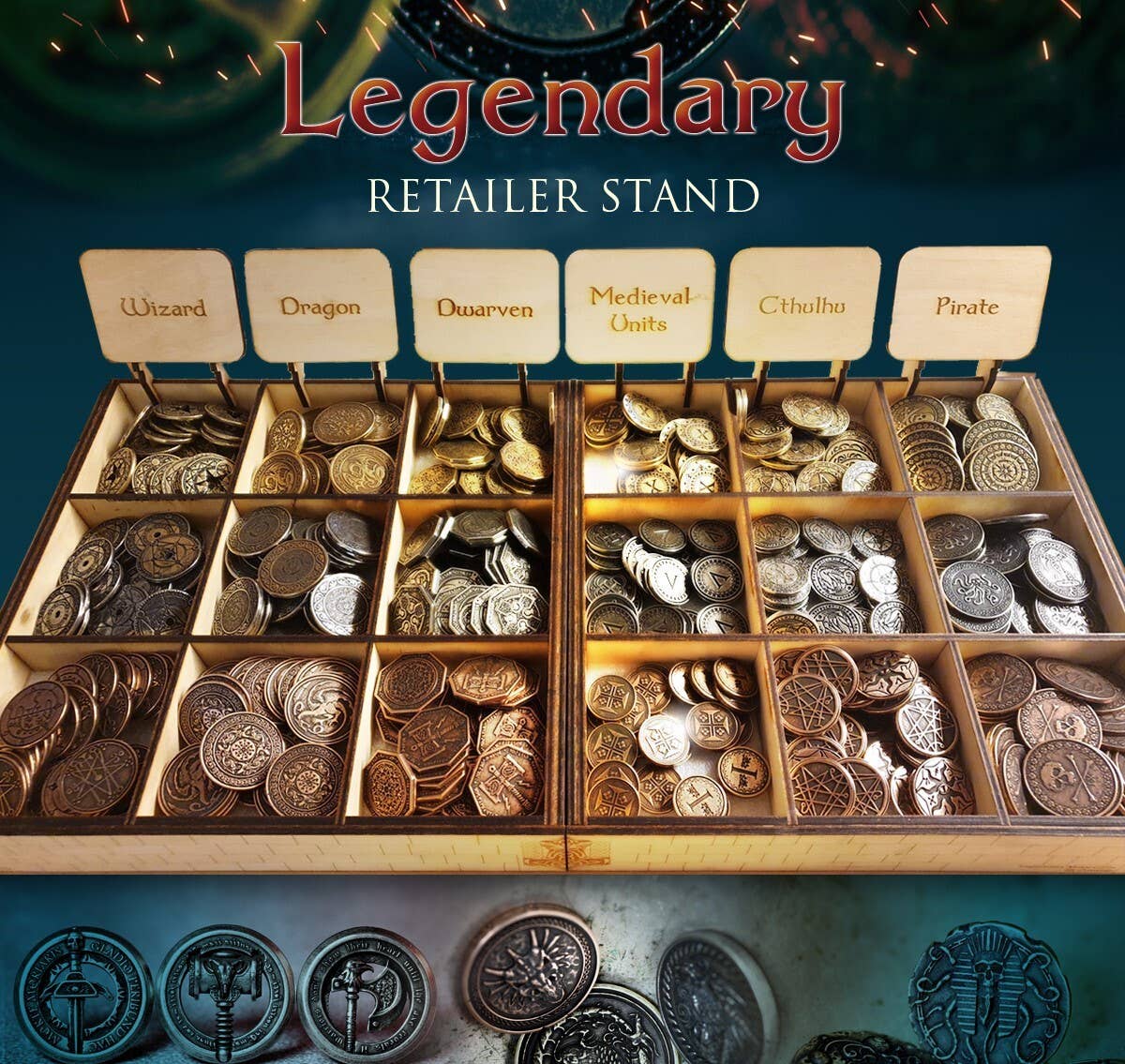 Drawlab Entertainment – wholesale Board game – Legendary Retailer Stand - Metal coins for gaming