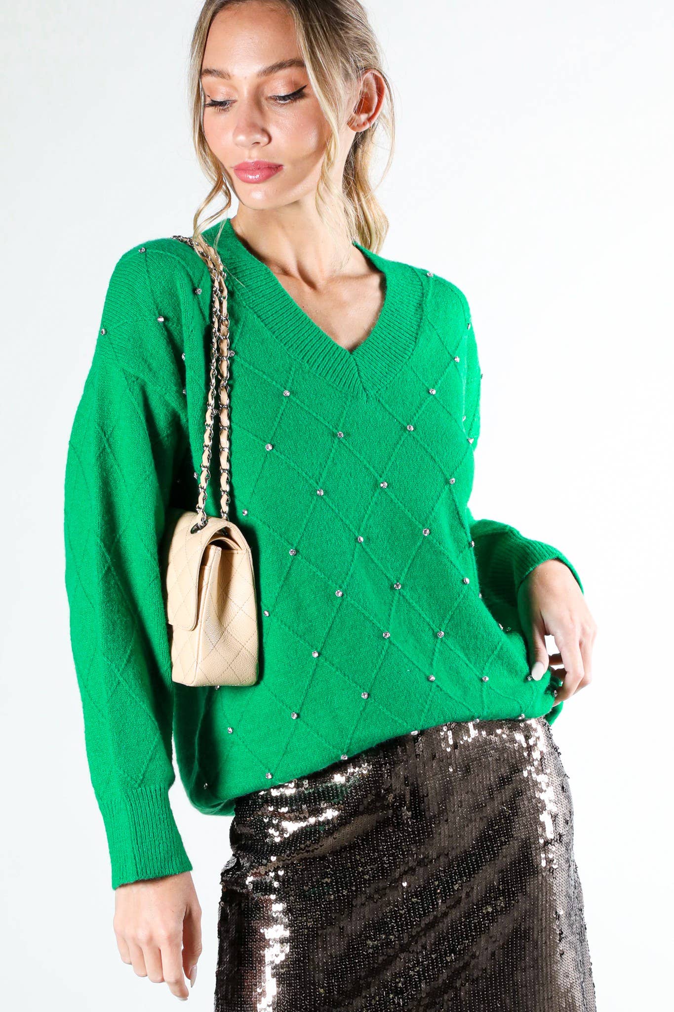 Vine & Love - Vendita all'ingrosso Maglione tricot - Donna - Maglione a maglia con scollo a V e accenti di strass a rombi VT81546-7