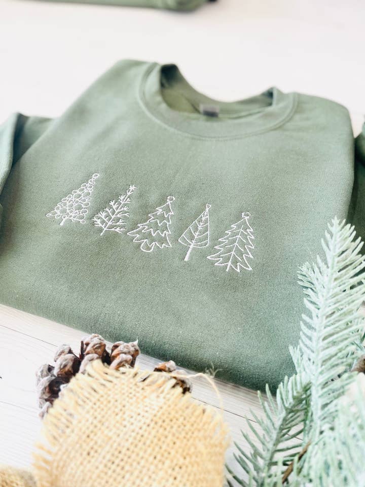 Military Green Christmas Tree Embroidered Sweatshirt - Embroidered Christmas Sweatshirt for wholesale on Faire3