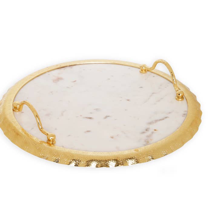 CLASSIC TOUCH DECOR INC. – wholesale Decorative tray – Round Marble Tray with Gold Edge and Handles0