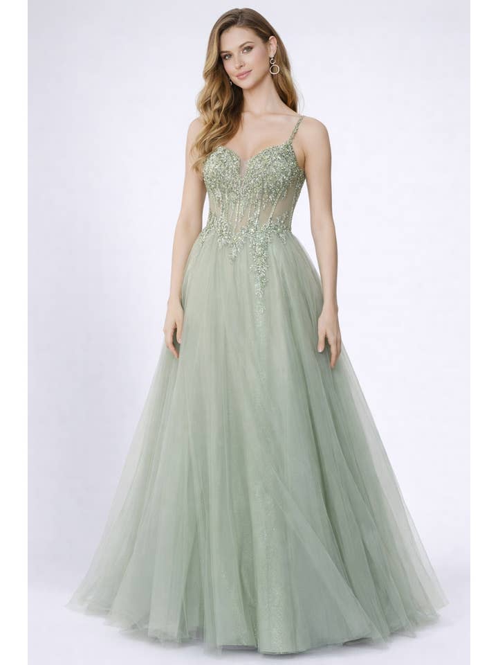 PROM-LONG TULLE GOWN WITH PLUNGING V NECKLINE for wholesale by FashionShowcase