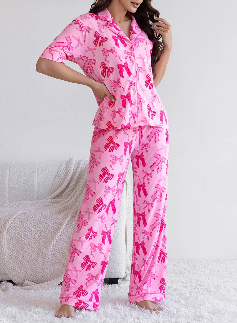 Pink Bow Knot Print Short Sleeve Top and Pants Pajamas Set for wholesale on Faire3