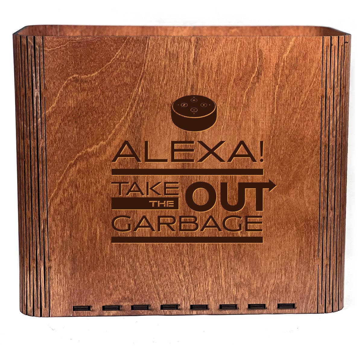 Brown Slim Trash Can - "Alexa! Take Out the Garbage" - Wooden Garbage Bin for wholesale on Faire1