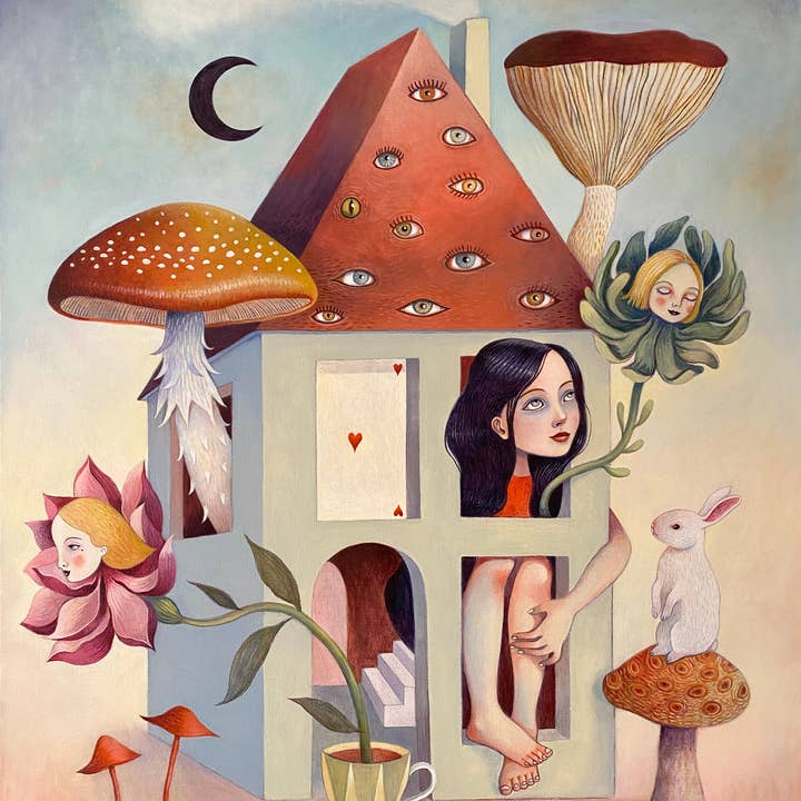 Isabelle Bryer Art - Wholesale Everyday Greeting Card - Wonderland House – A Surreal Alice With Mushrooms - 5"x7"