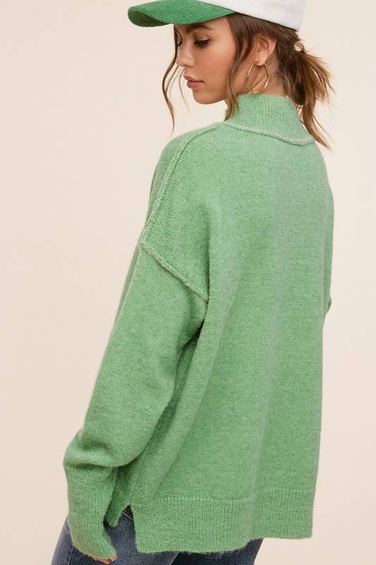 La Miel - Wholesale Knit Sweater - Women's - MCS3566-Loose Fit Mock Neck Exposed Seaming Detailed Sweater12
