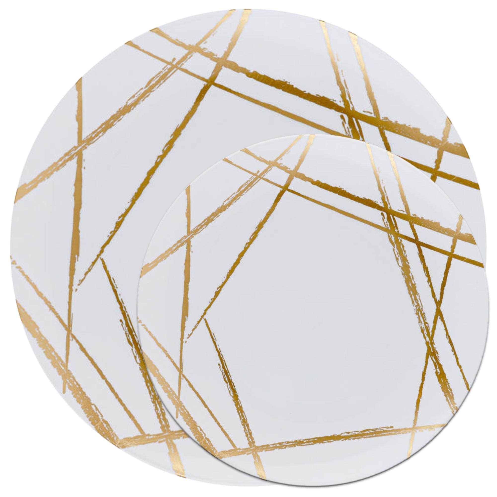 EcoQuality – Großhandel Einwegteller – Geschirr Weiße Einwegteller aus Kunststoff, Gold Brush, Abendessen1