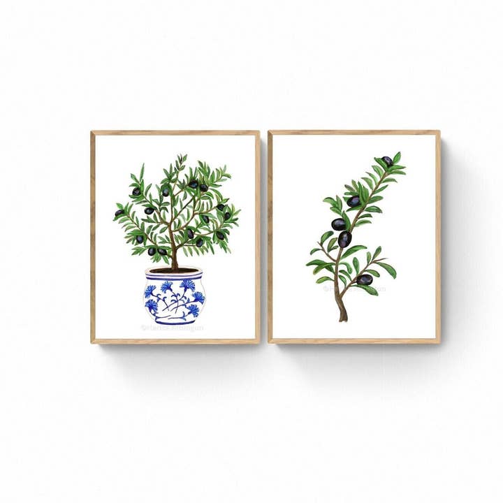 Conjunto de 2 Impressões de Arte de Ramo de Oliveira e Árvore, Arte de Parede de Natureza Morta, Decoração de Sala de Jantar, Pintura Botânica, Ilustração de Plantas, Decoração de Casa de Campo por atacado de MerikaArt