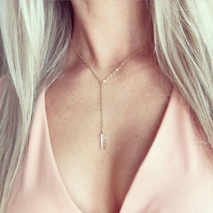 Dainty Crystal Quartz Y Necklace for wholesale by Buddha Blossom Jewels