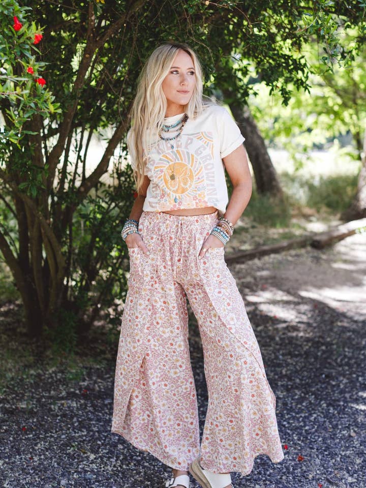 Stasia Printed Drawstring Tulip Pants - Rose for wholesale by Three Bird Nest