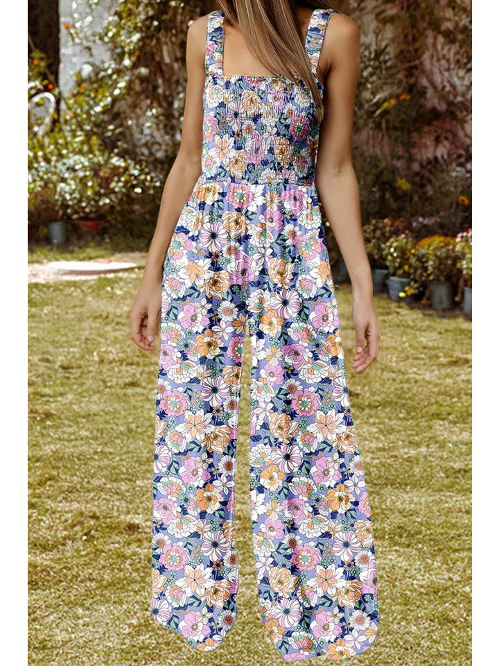 As shown Fashion-W Floral Print Smocked High Waist Jumpsuit for wholesale on Faire