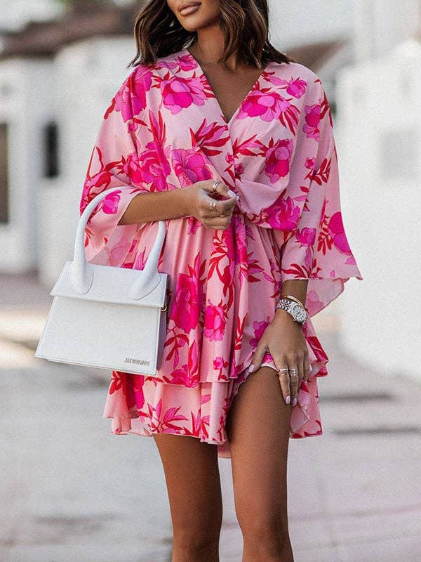 RED A-Line High Waisted Double Layered Elasticity Flower Print V-Neck Mini Dresses for wholesale on Faire