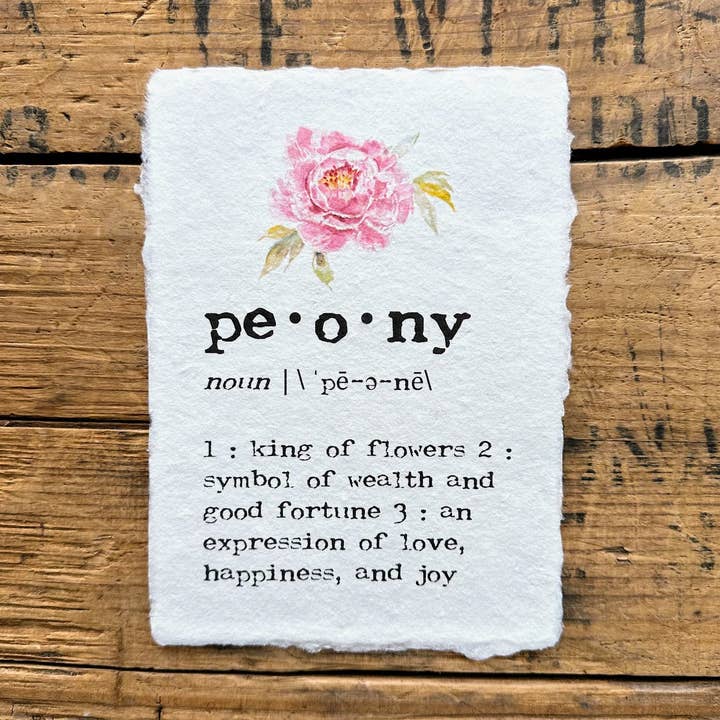 Stampa della definizione di peonia in carattere da macchina da scrivere su carta fatta a mano per la vendita all'ingrosso da parte di Alison Rose Vintage