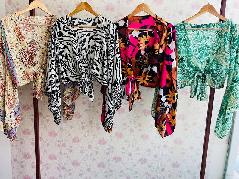 bhavnas boutique – Blusa - Mulher por atacado – Lote de 5 Peças Top de Seda para Mulheres Feito à Mão com Manga Sino2