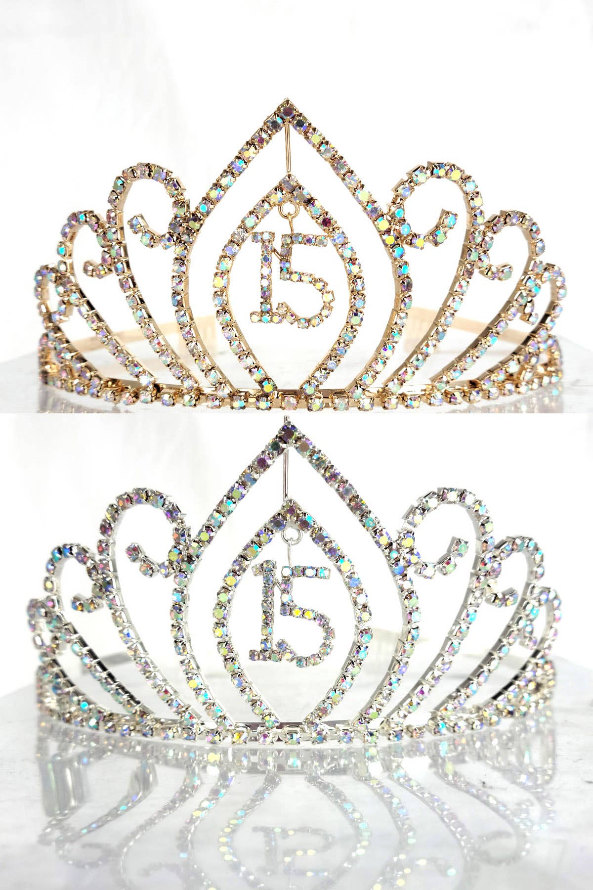 Chicas – Großhandel Tiara – Damen – Quinceanera Tiara mit hängendem 15 Anhänger HT906-12