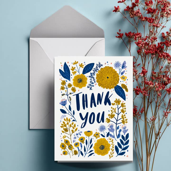 Floral Thank You Card, Modern Blue and Gold (Blank Inside) for wholesale by The Hub - Inspired by Faith