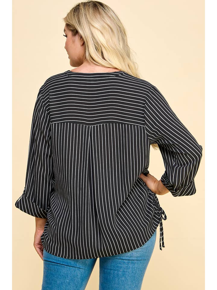 BLACK PLUS SIZE 3/4 BUTTON TAB SLV MANDARIN COLLAR TOP G9303788GX for wholesale on Faire