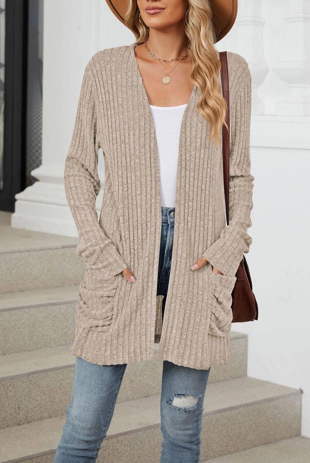 FULL TIME PURCHASE - Vente Cardigan – femme - Gilet en maille uni à manches longues avec poches5