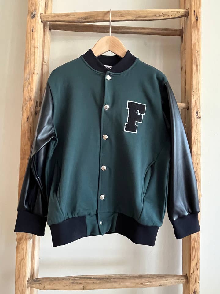 COLLEGE JACKET with eco-leather sleeves with green/black patch application from 8 to 16 years for wholesale by FUNBEE kid Made in Italy