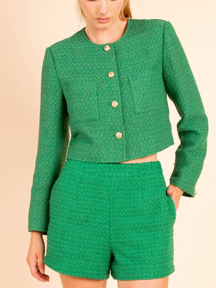 Veste Cropped en Tweed Émeraude LO1002 pour la vente par Heyson