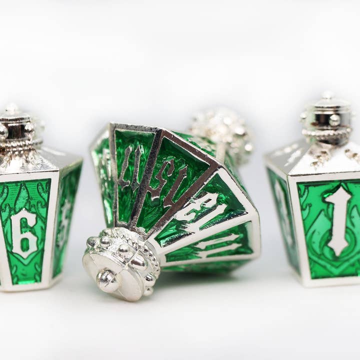 Foam Brain Games - Wholesale Dice - Moonlit Lantern: Silvered Acidfire - Metal RPG Dice Set1