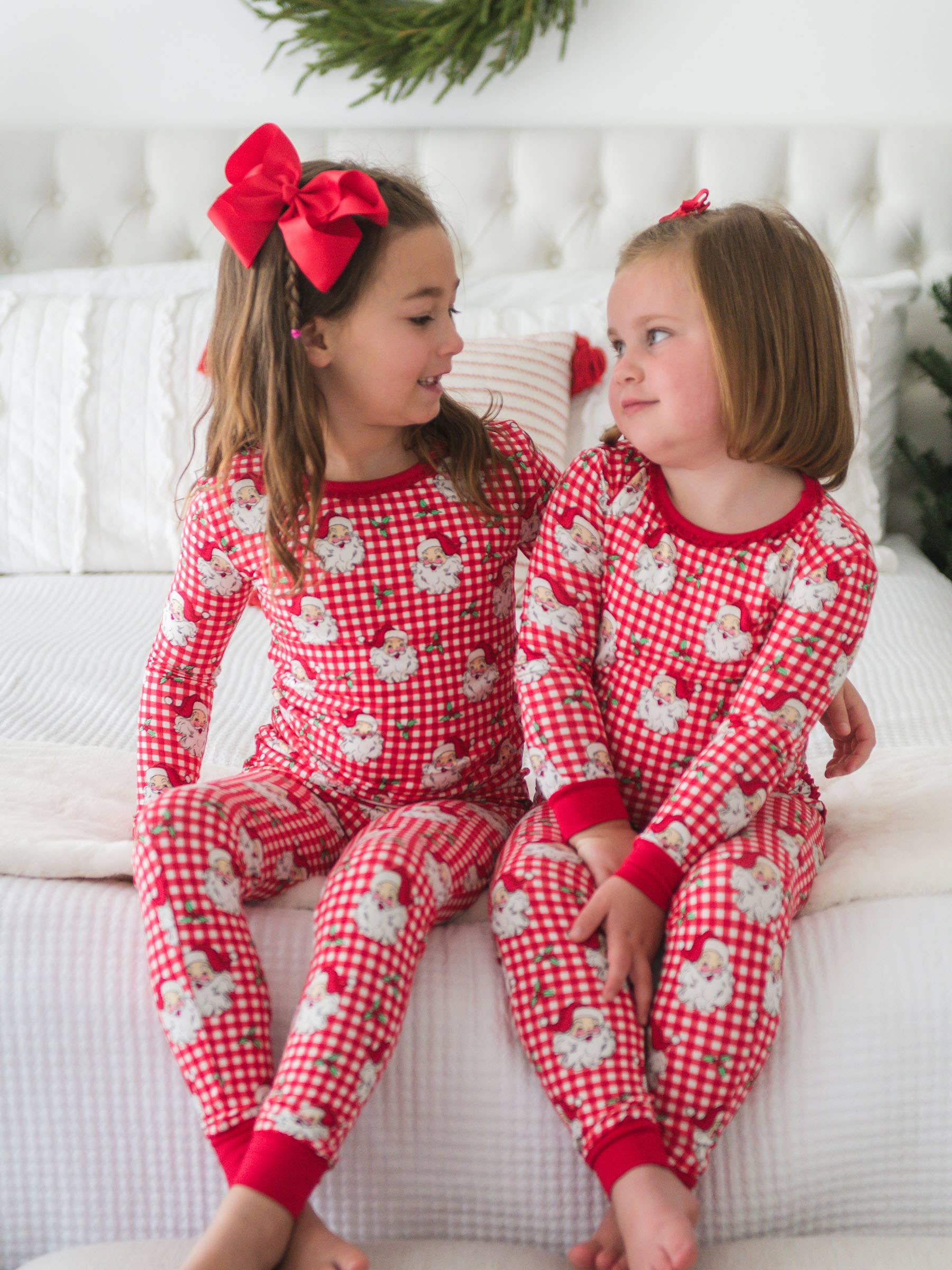 SoftSnooze™ Girls Bamboo Viscose Red Dear Santa Ruffle Long Sleeve Pajama Set for wholesale on Faire0