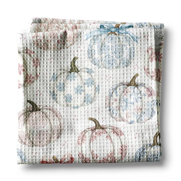Blue Pink Pumpkin Chinoiserie Fall Coastal Kitchen Towel for wholesale by Canary Road