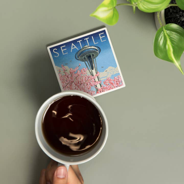 Lantern Press - Wholesale Coasters - Ceramic Coaster Space Needle, Cherry Blossoms Woodblock, …