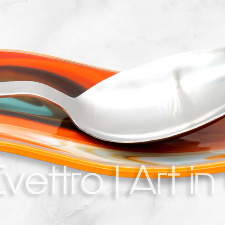 Evettro | Art in Glass – wholesale Spoon rest – Mid-Mod Collection: Swirled Orange and Teal Glass Spoon Rest