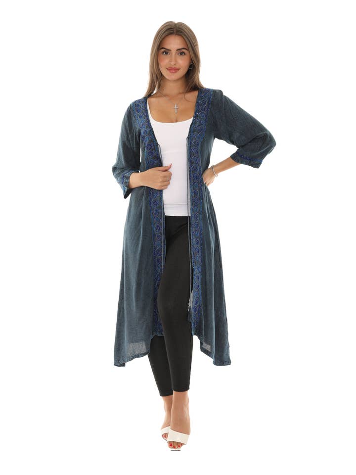 Shoreline Wear. INC - Wholesale Kimono - Women's - Sequin-Accent Embroidered Three-Quarter Sleeve Duster14