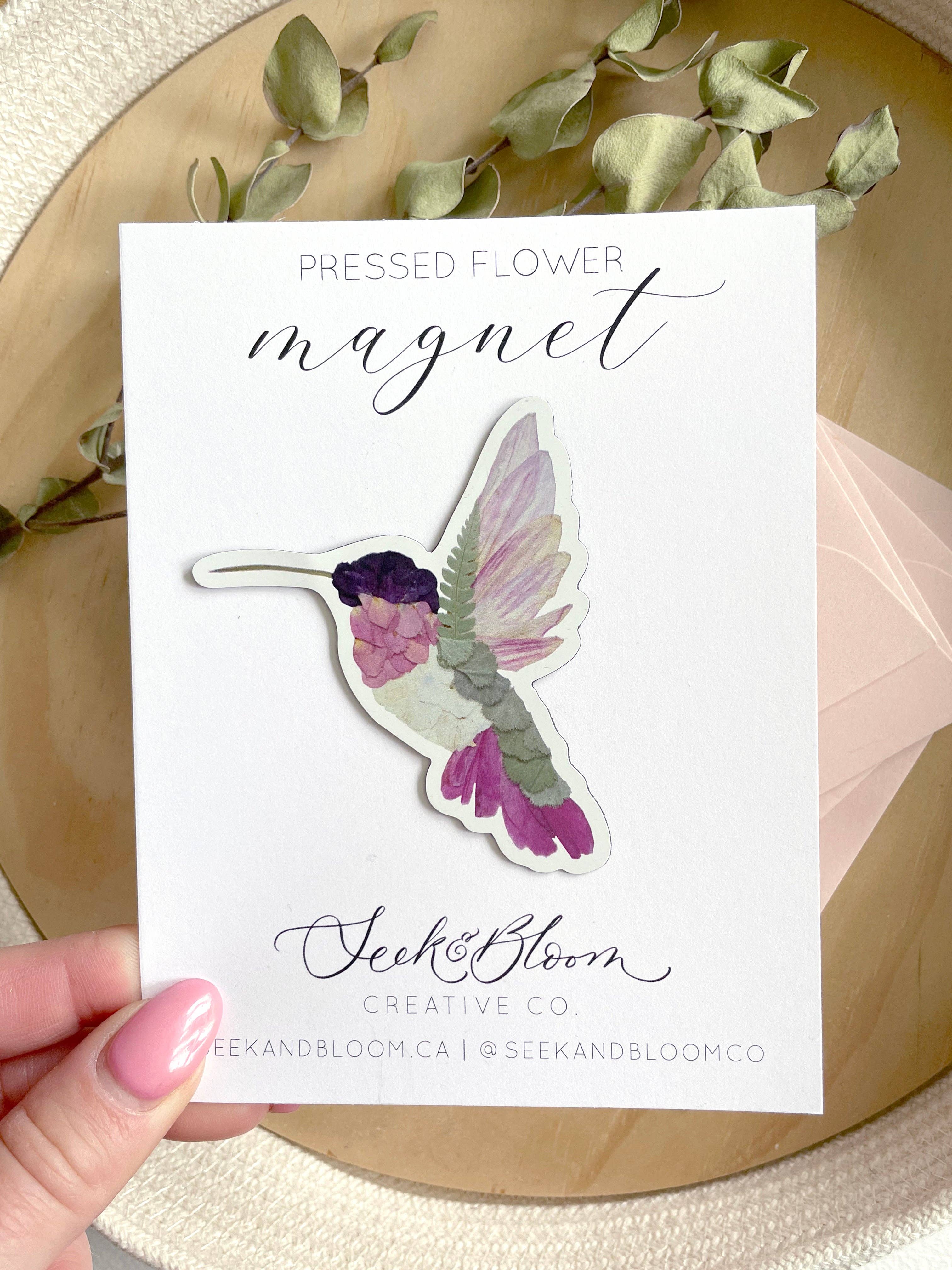 Seek & Bloom Creative Co. - Vente Aimants - Colibri, décoration florale pressée, aimant de 3 pouces1