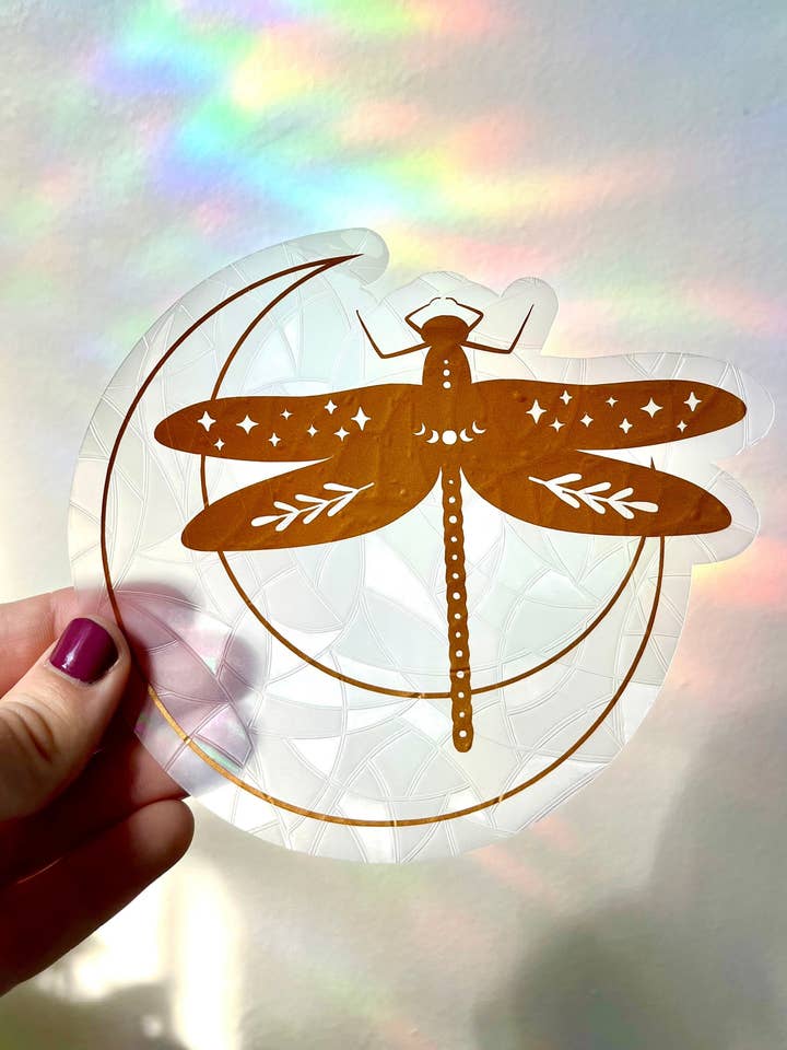 Dragonfly Suncatcher Sticker | Crescent Moon Window Cling for wholesale by Prismatic Kitty