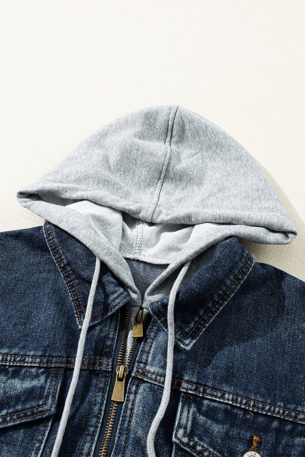 Dark Blue Fake Two-Piece Hooded Zip-Up Denim Jacket for wholesale on Faire5