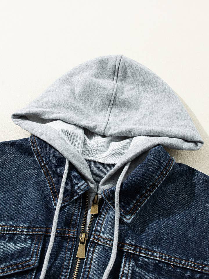 Dark Blue Fake Two-Piece Hooded Zip-Up Denim Jacket for wholesale on Faire5